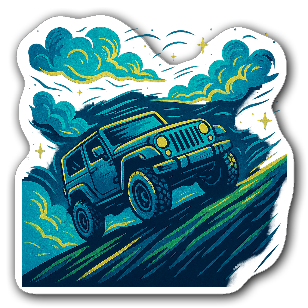 A vintage badge style sticker of a Jeep climbing a hill with clouds and stars