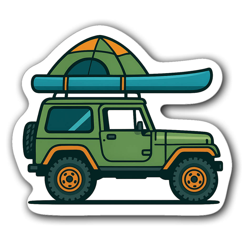 Retro Jeep with camping gear in vibrant colors