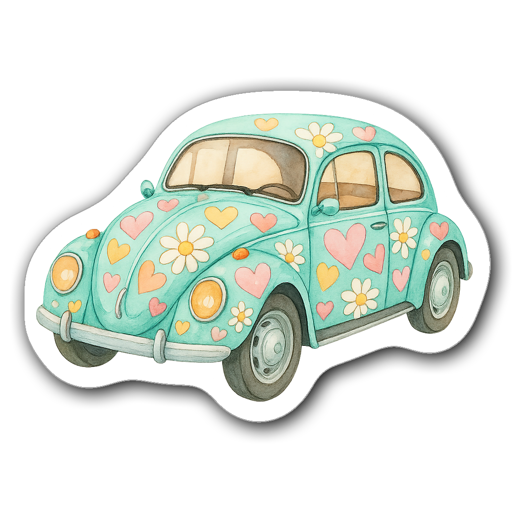Watercolor illustration of a vintage Volkswagen Beetle car