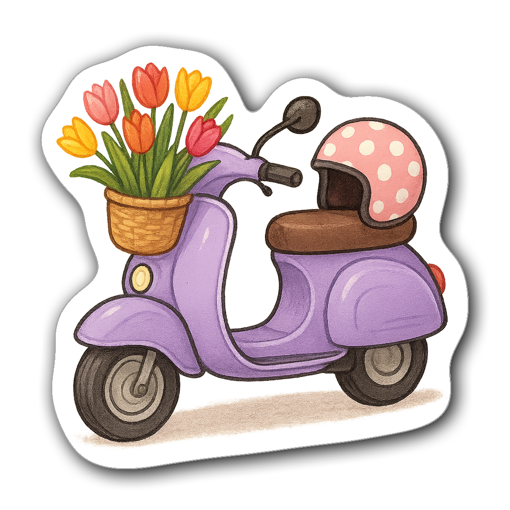 Watercolor illustration of a lavender scooter with flowers