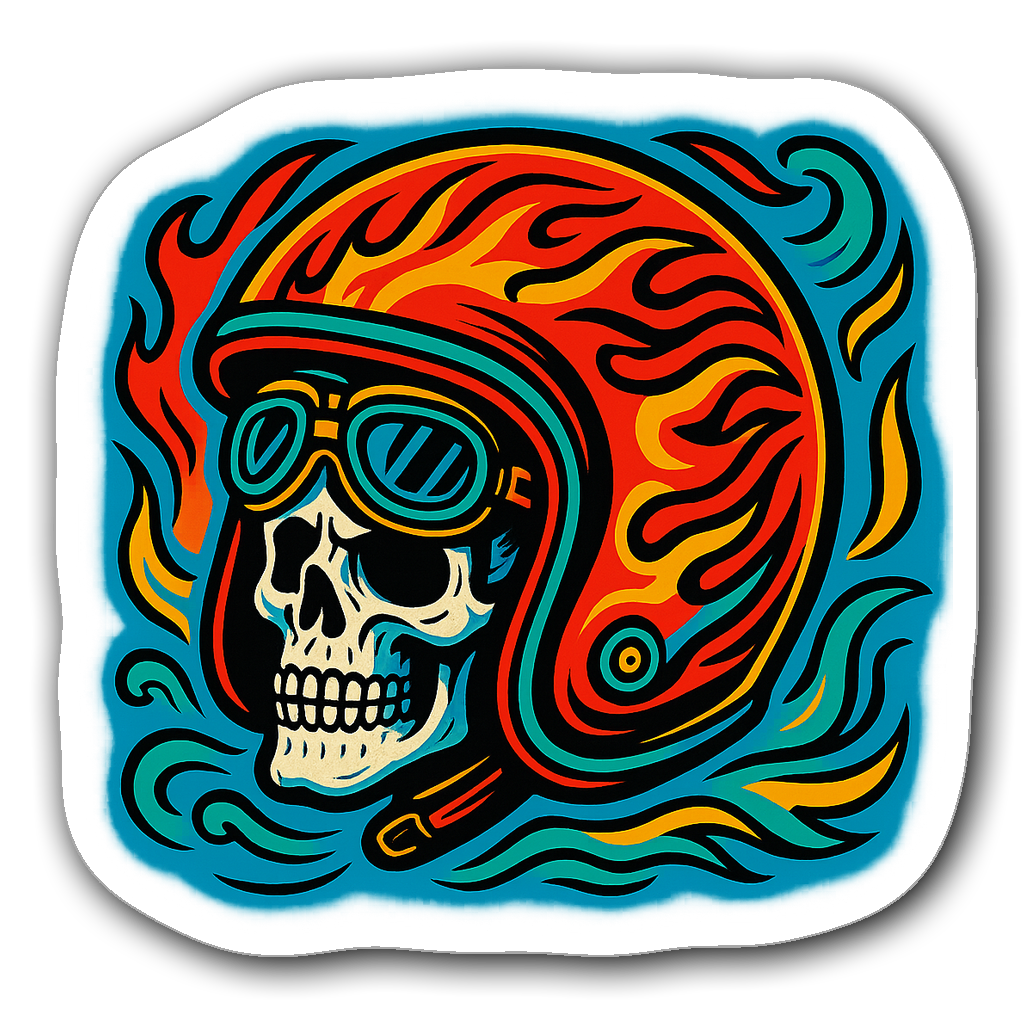 Colorful motorcycle helmet sticker featuring a skull with goggles