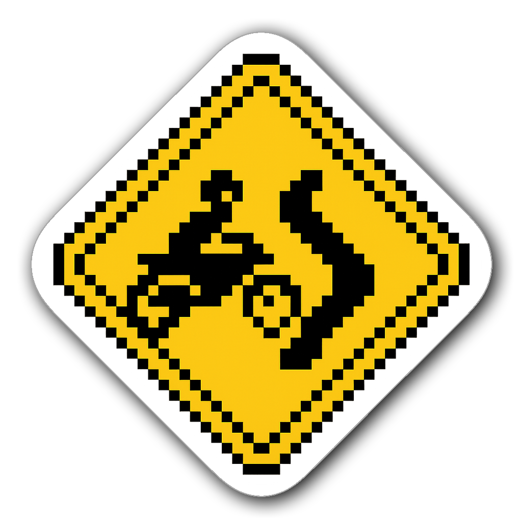 Pixel art motorcycle road sign sticker with retro design