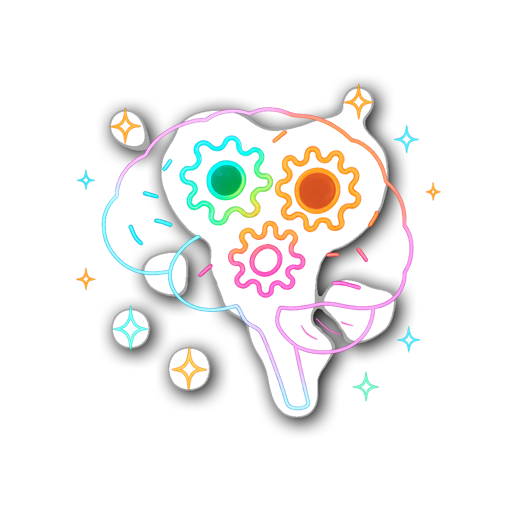 Vibrant neon-glow outline of a brain with colorful gears