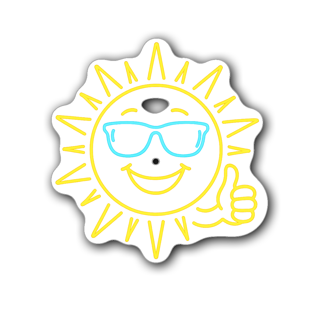 Cheerful sun character sticker with neon glow outline