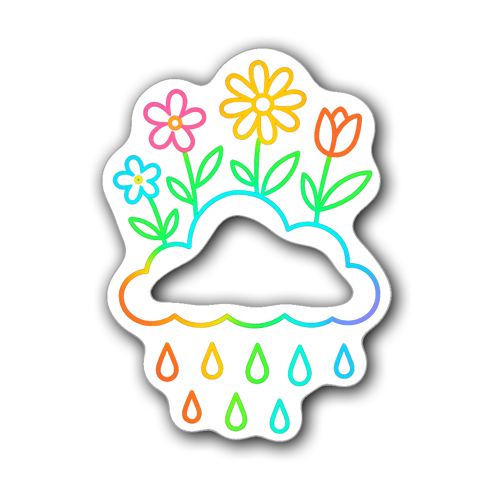 Whimsical neon-glow cloud sticker with flowers and raindrops