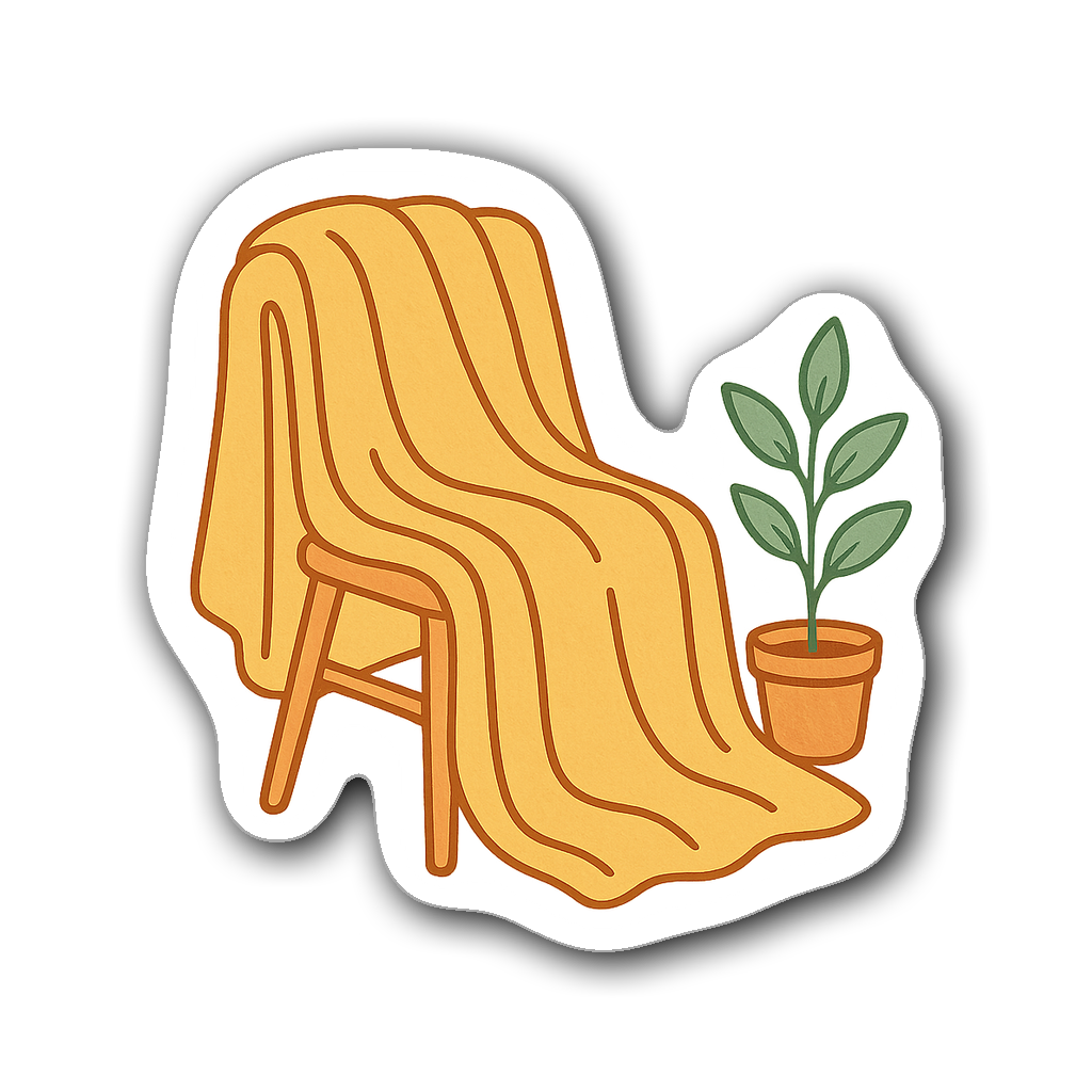 Minimalist line drawing of a cozy blanket on a chair with a plant