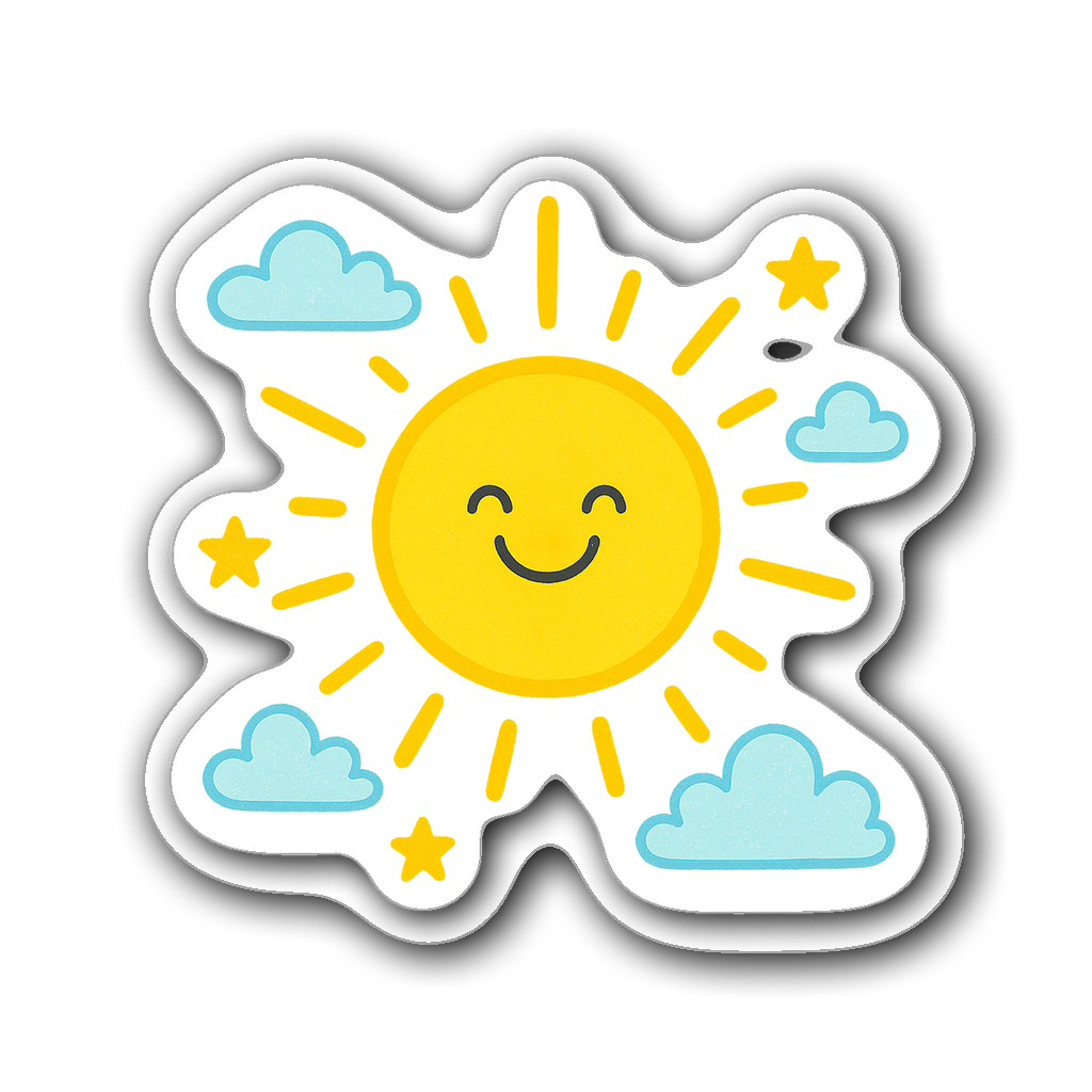 Cheerful sun icon with clouds and stars in bright colors