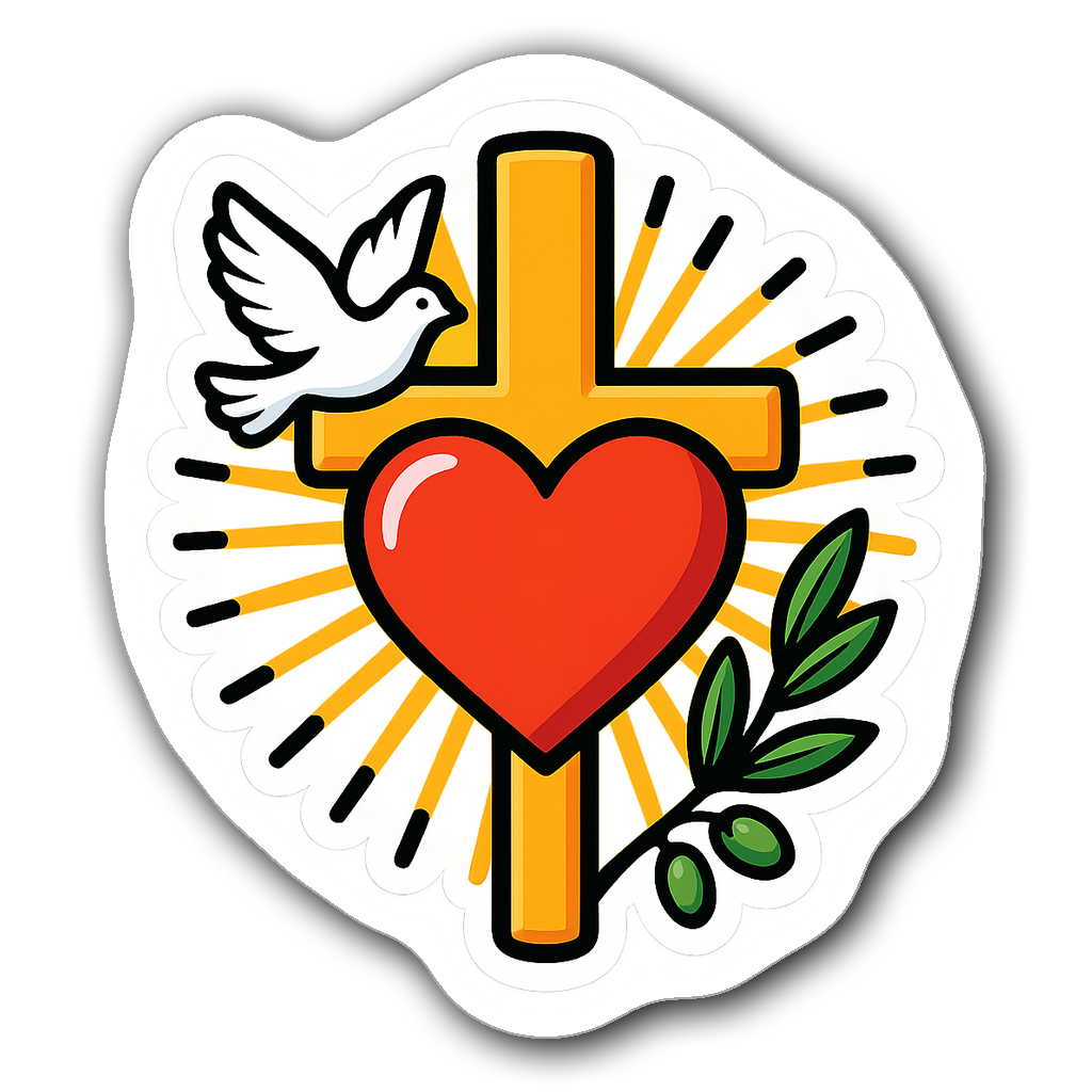 Vibrant heart inside a cross with rays of light and dove