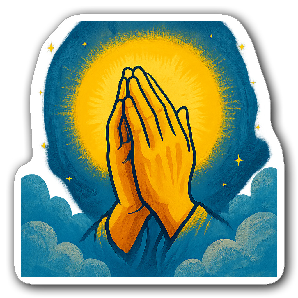 Prayer hands in pop art style with a halo and stars
