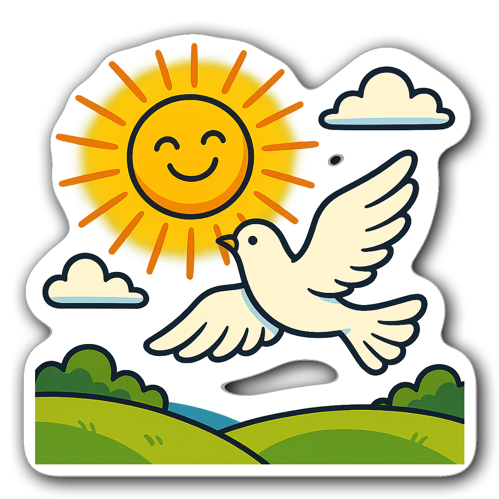 Comic book style sticker with a sun and dove symbolizing faith