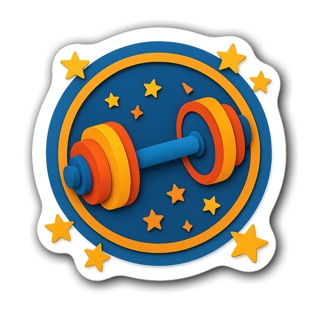 Vibrant dumbbell sticker surrounded by stars in a layered design.