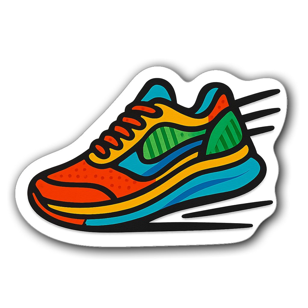 Running shoe die-cut sticker with colorful patterns and motion swooshes