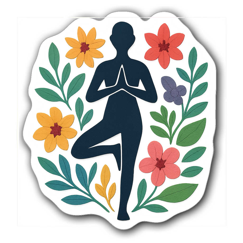 Yoga pose silhouette with floral elements and transparent background.