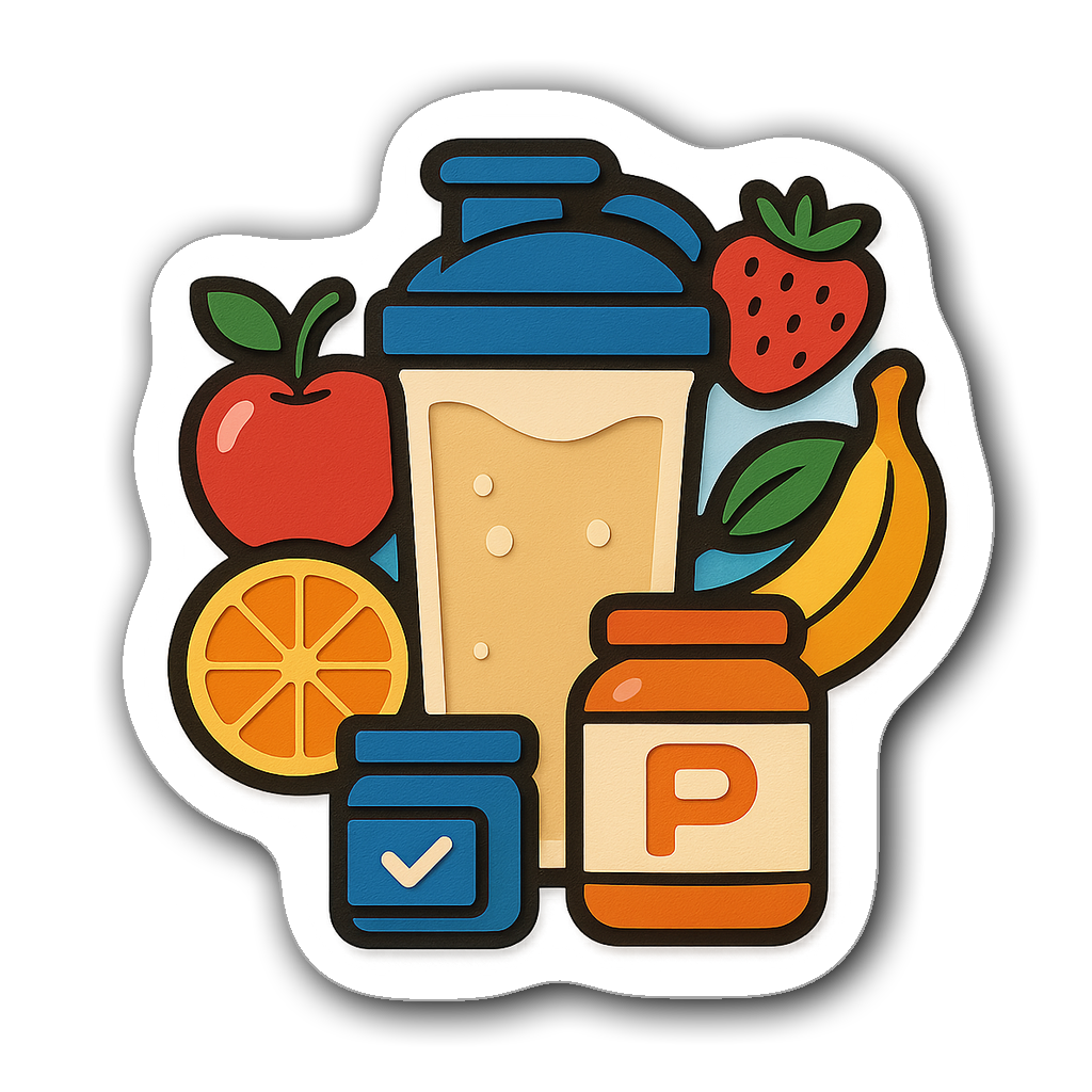 Colorful protein shaker bottle surrounded by fruits and supplements