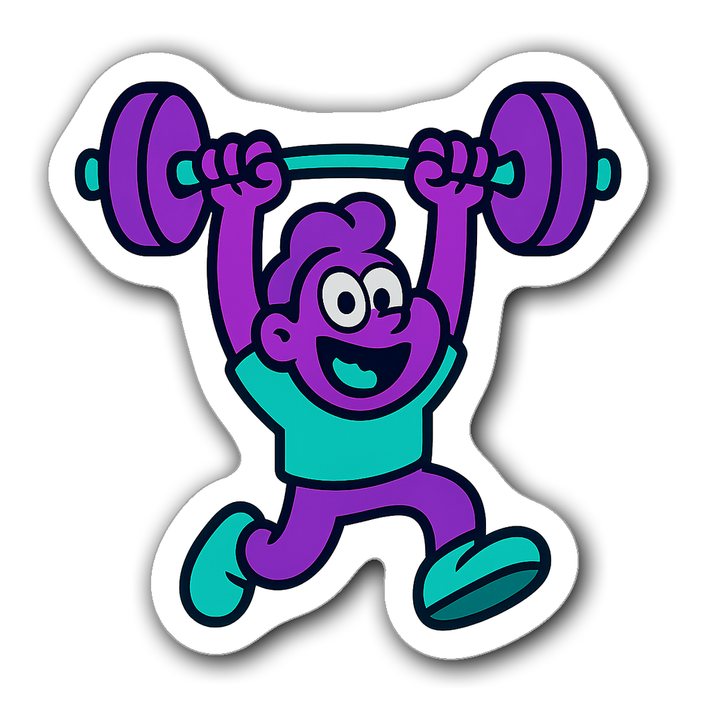 Cartoon character lifting a barbell in bright colors