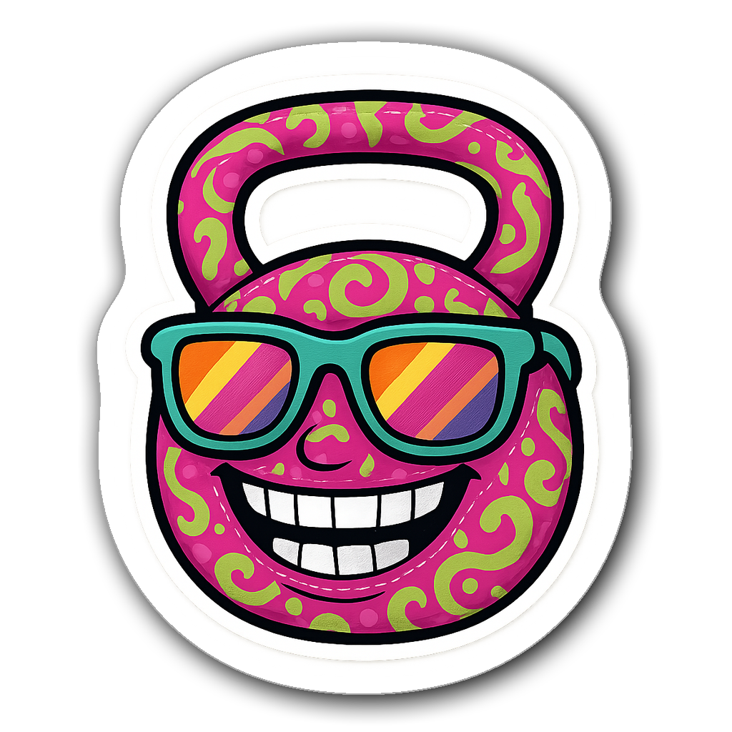 Funky kettlebell sticker with smile and sunglasses