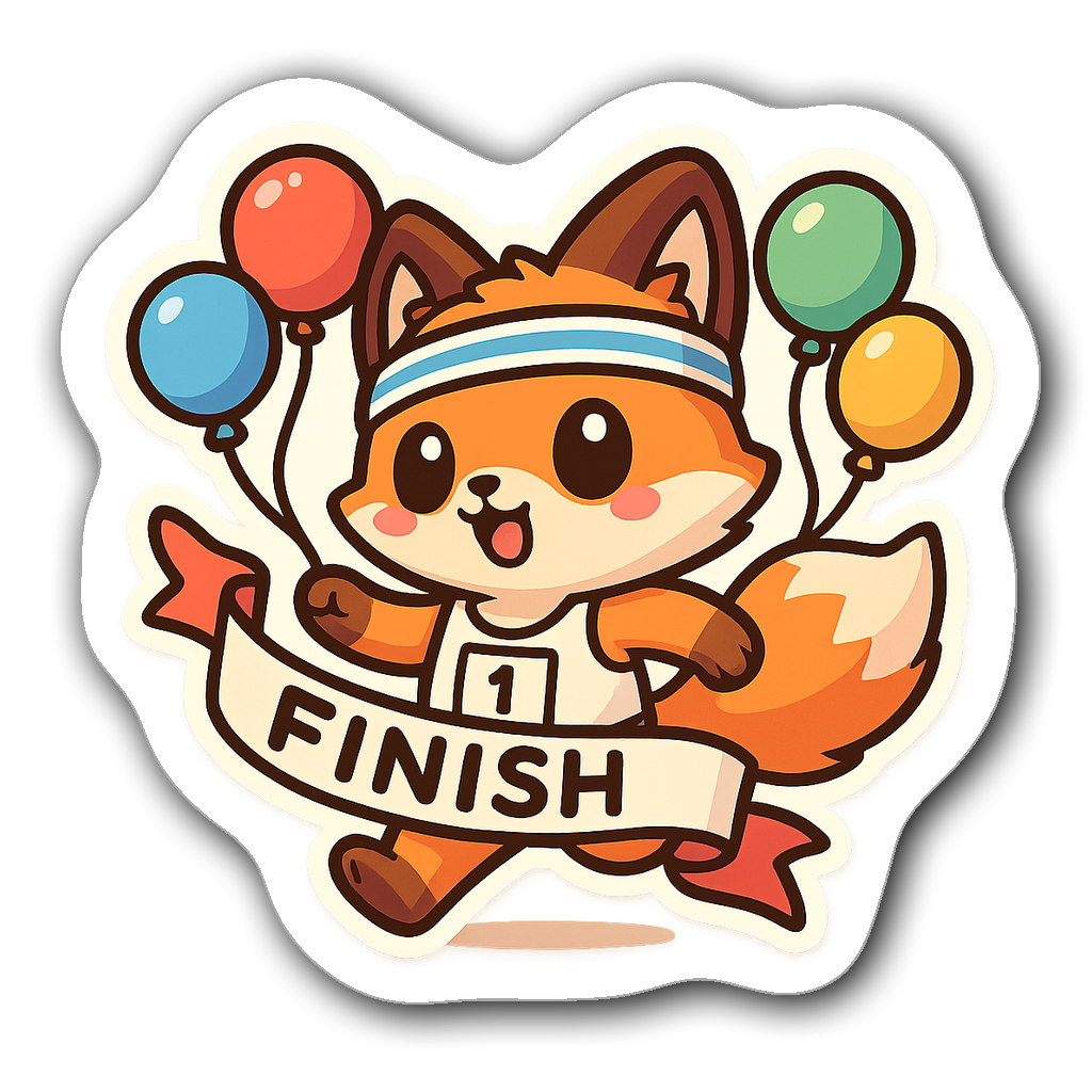 A cute chibi fox running with a bib and sweatband at a finish line