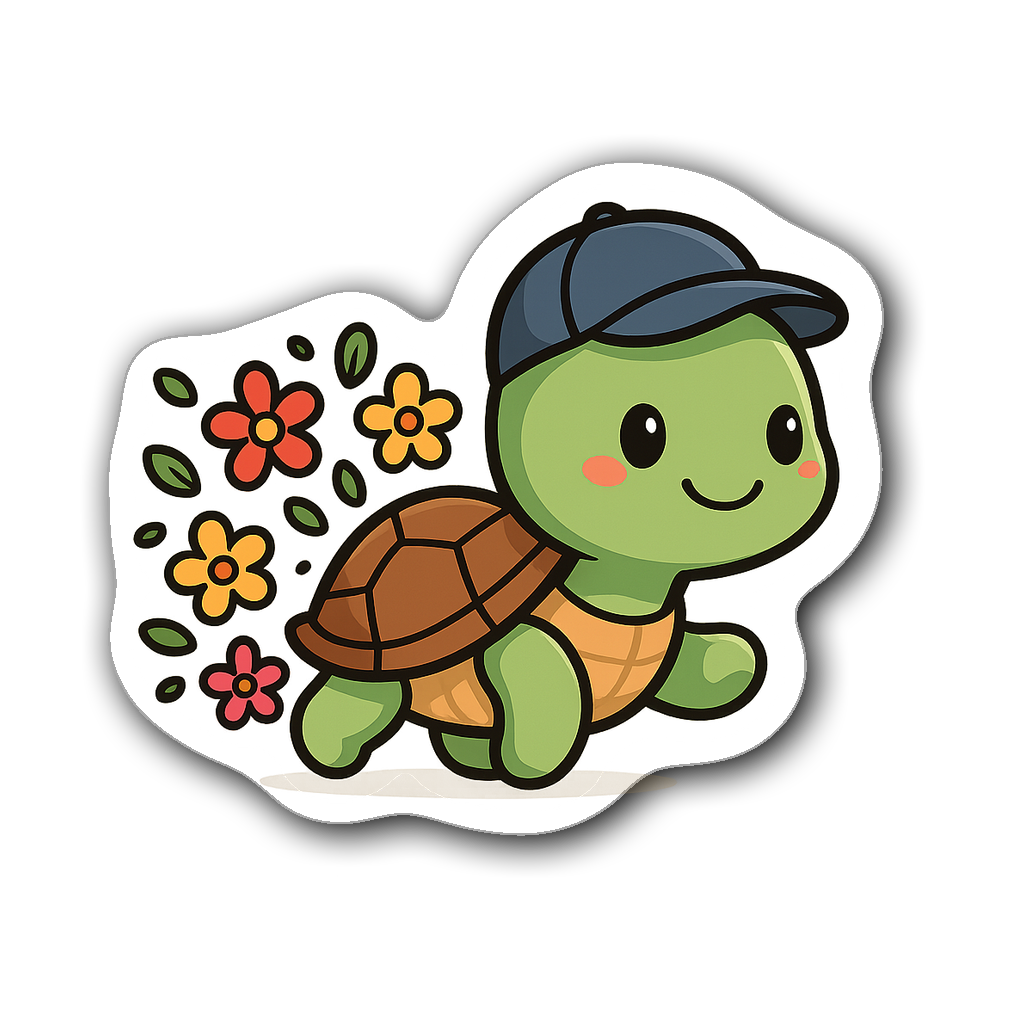 Kawaii chibi turtle in running cap with flower trail sticker