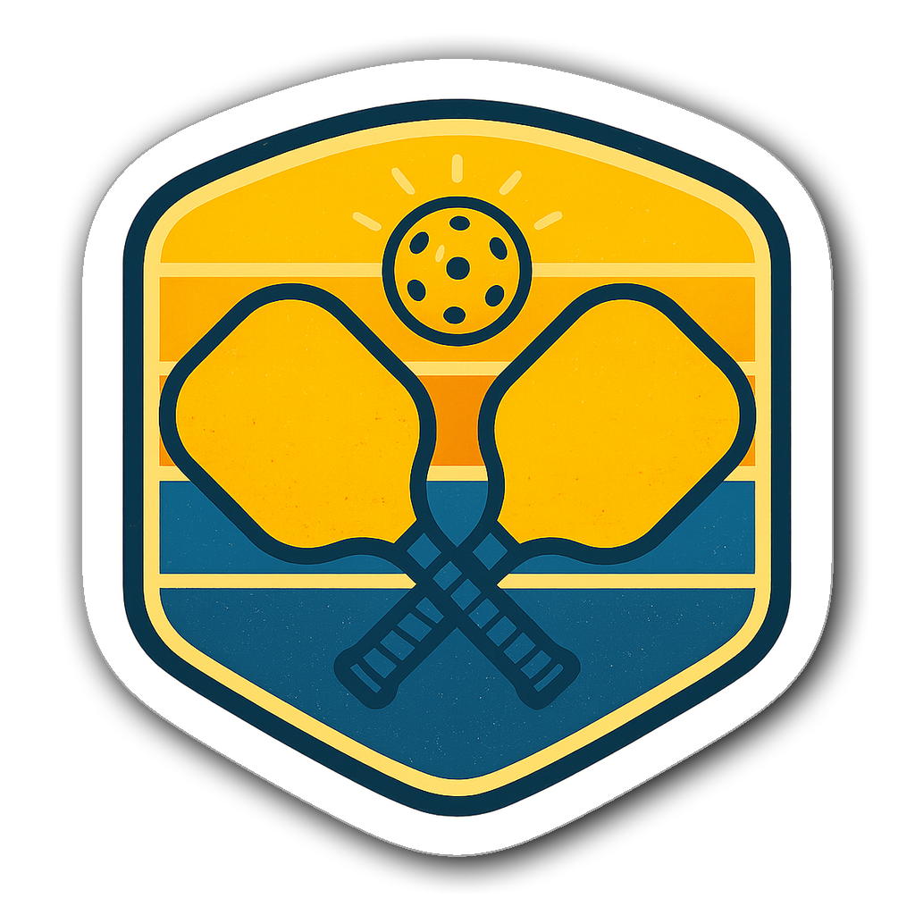 Retro pickleball badge with crossed paddles and glowing ball