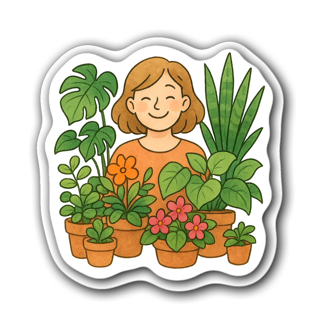 Watercolor illustration of a smiling plant mom with potted plants
