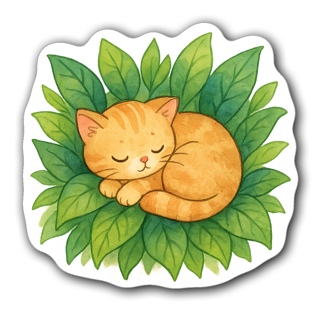 Whimsical watercolor sticker of a sleeping cat on plant leaves