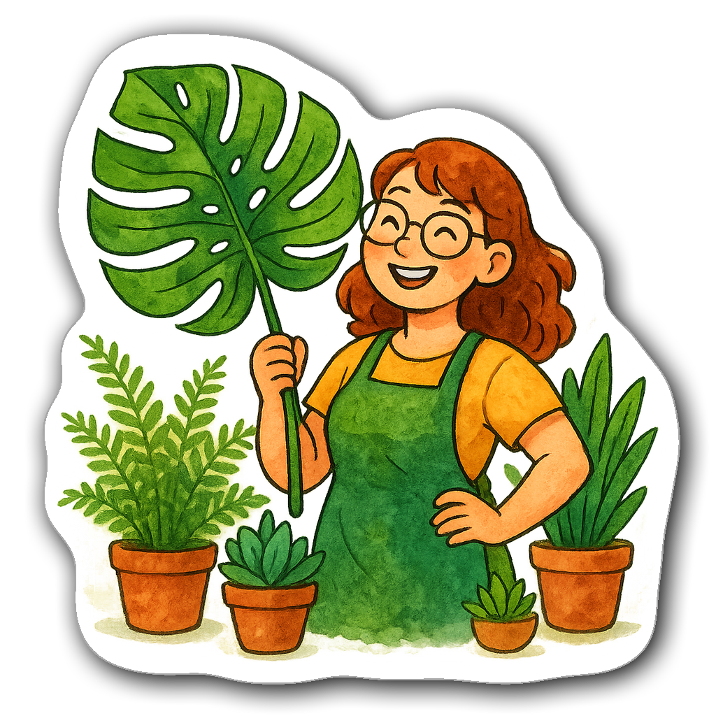 Watercolor sticker of a cheerful plant mom with houseplants