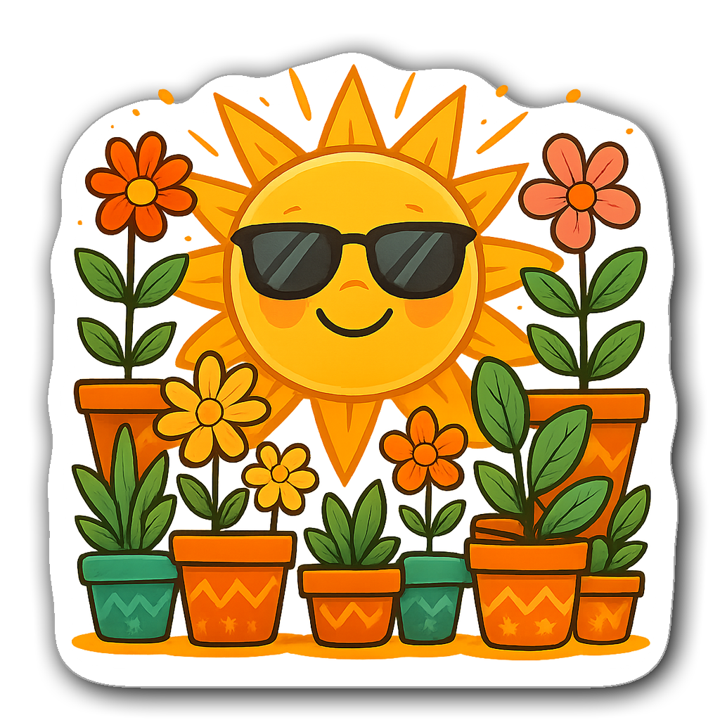 Cheerful sun wearing sunglasses surrounded by potted plants and flowers