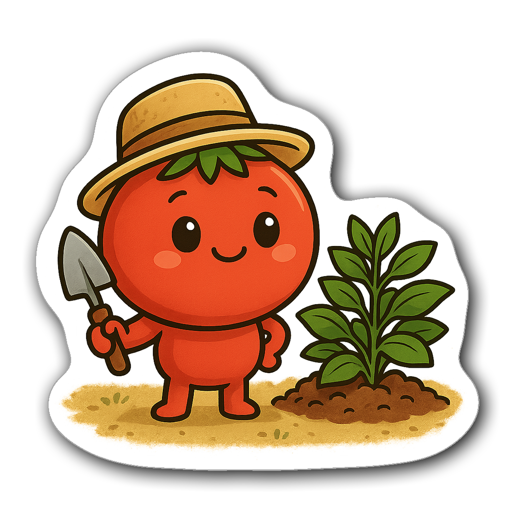 Adorable anthropomorphic tomato with shovel among plants