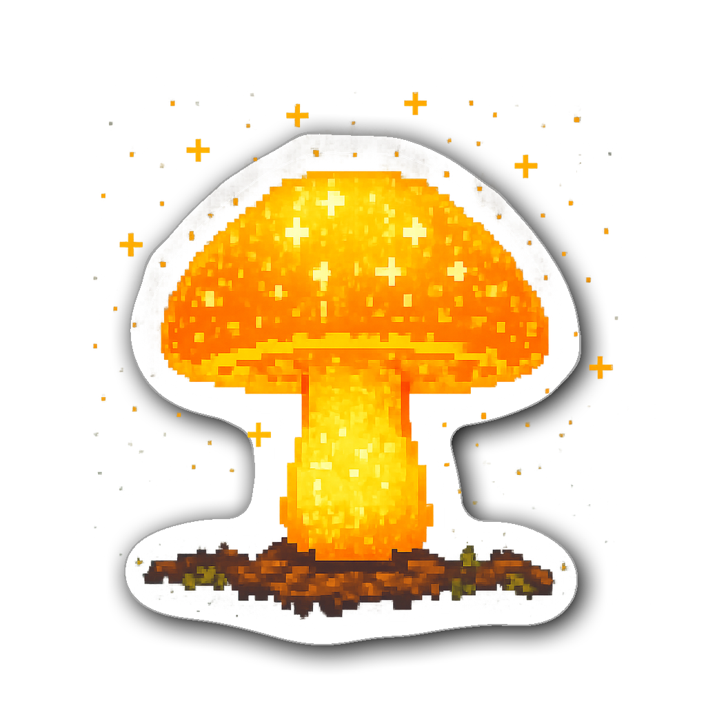 Brightly colored glowing mushroom in pixel art style sticker