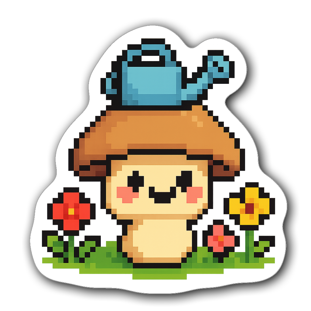 Cute smiling mushroom with watering can hat and flowers