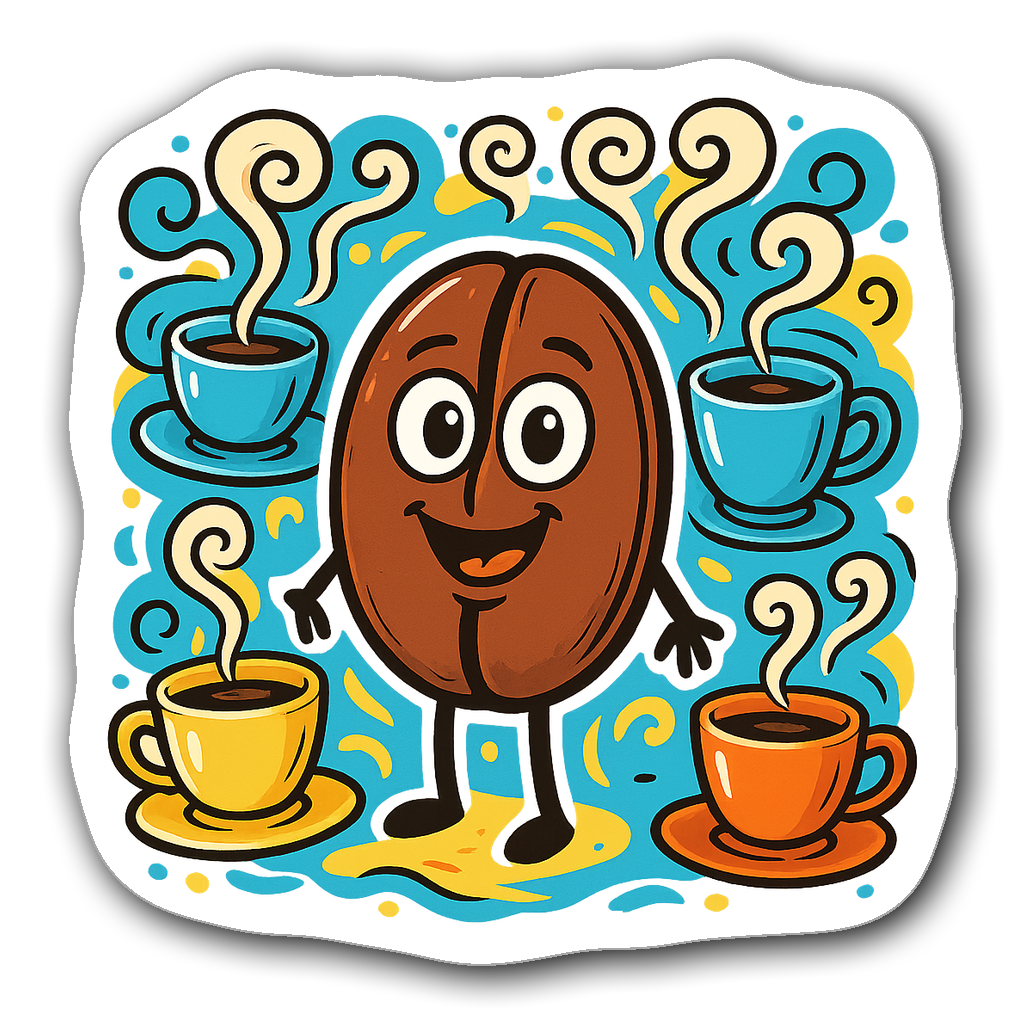 A whimsical coffee bean with eyes and cups in vibrant colors