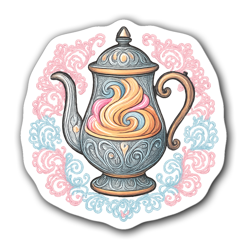 Stained glass style coffee pot sticker in pastel colors