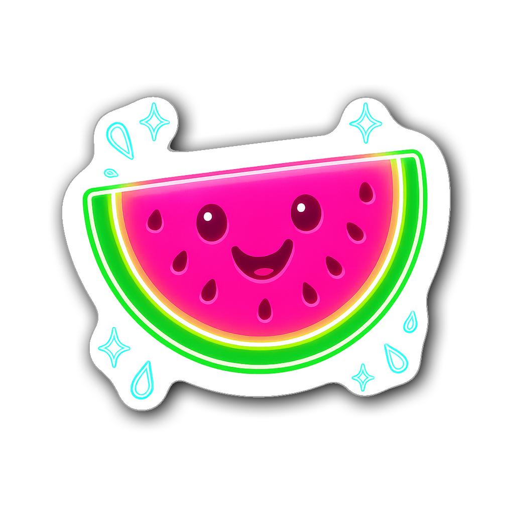 Cheerful neon glow watermelon sticker with droplets