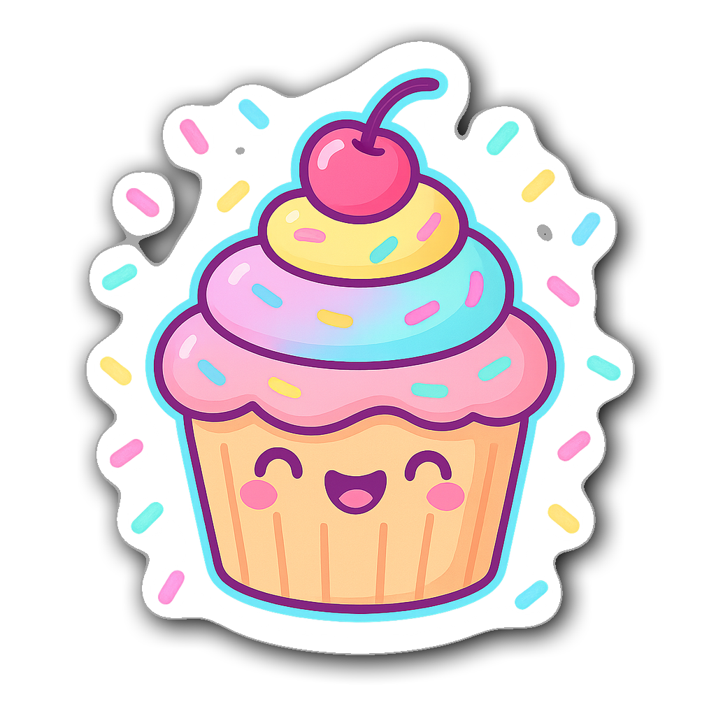 Cute neon glow cupcake sticker with colorful frosting and sprinkles