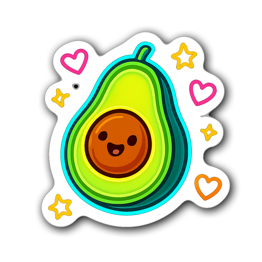 Cute cartoon neon avocado sticker with smiling face and hearts