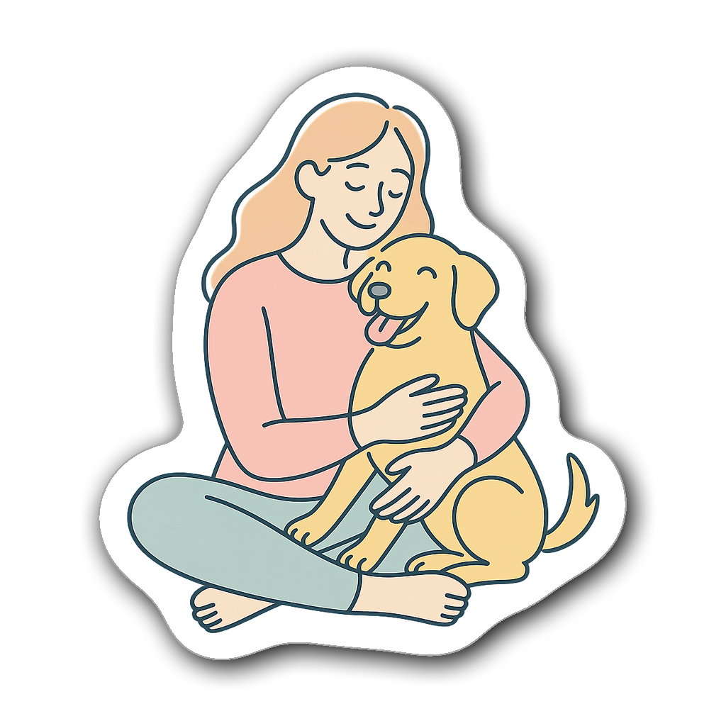 Whimsical pastel line drawing of a woman with her dog