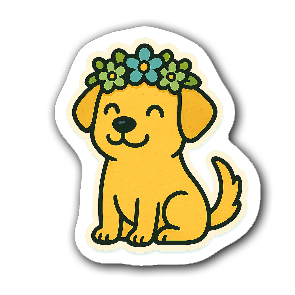 Dog sticker featuring cartoon dog in flower crown and paw prints