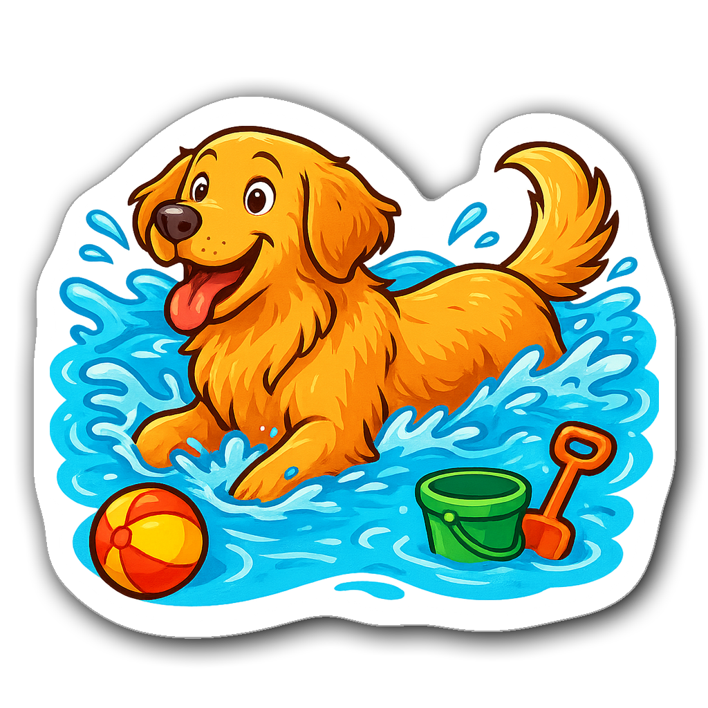 Golden retriever paddling in a blue pool with beach toys.