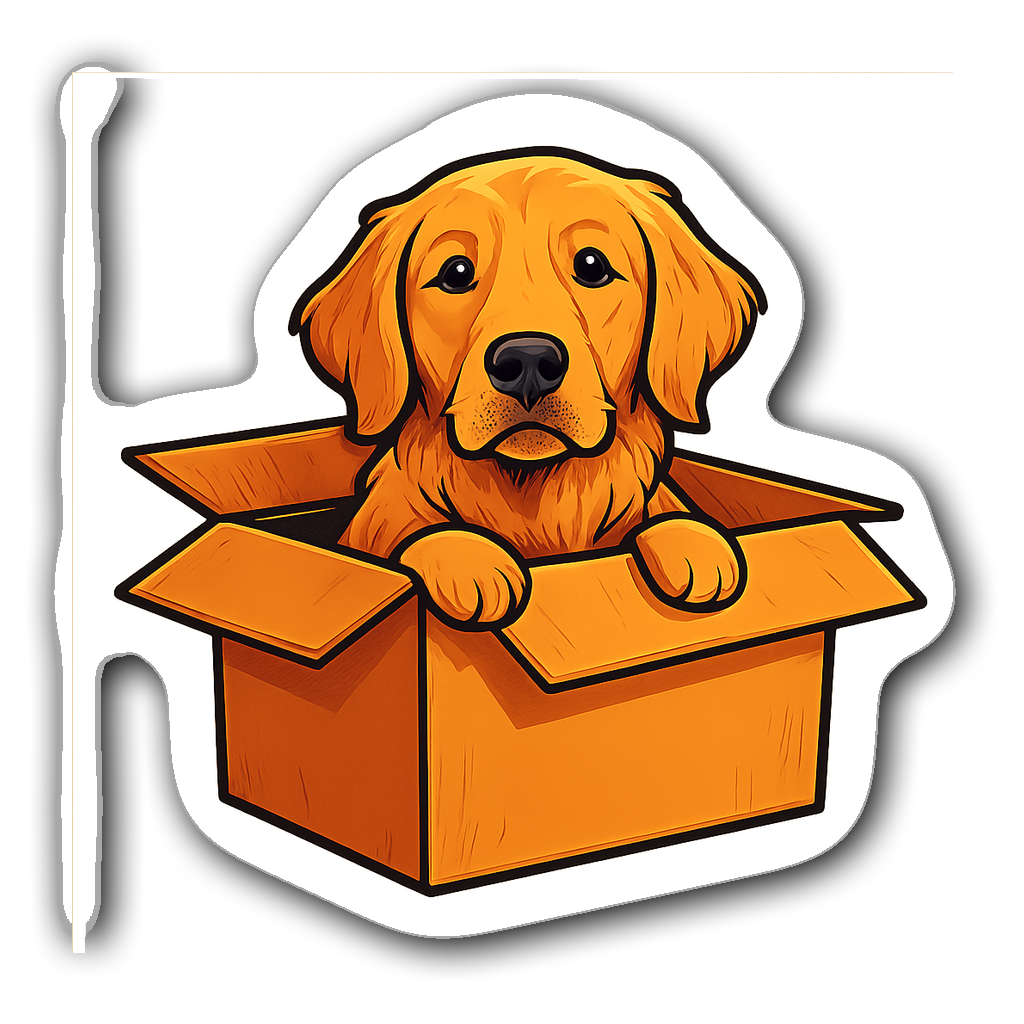 Golden retriever peeking out of a cardboard box in pop art style