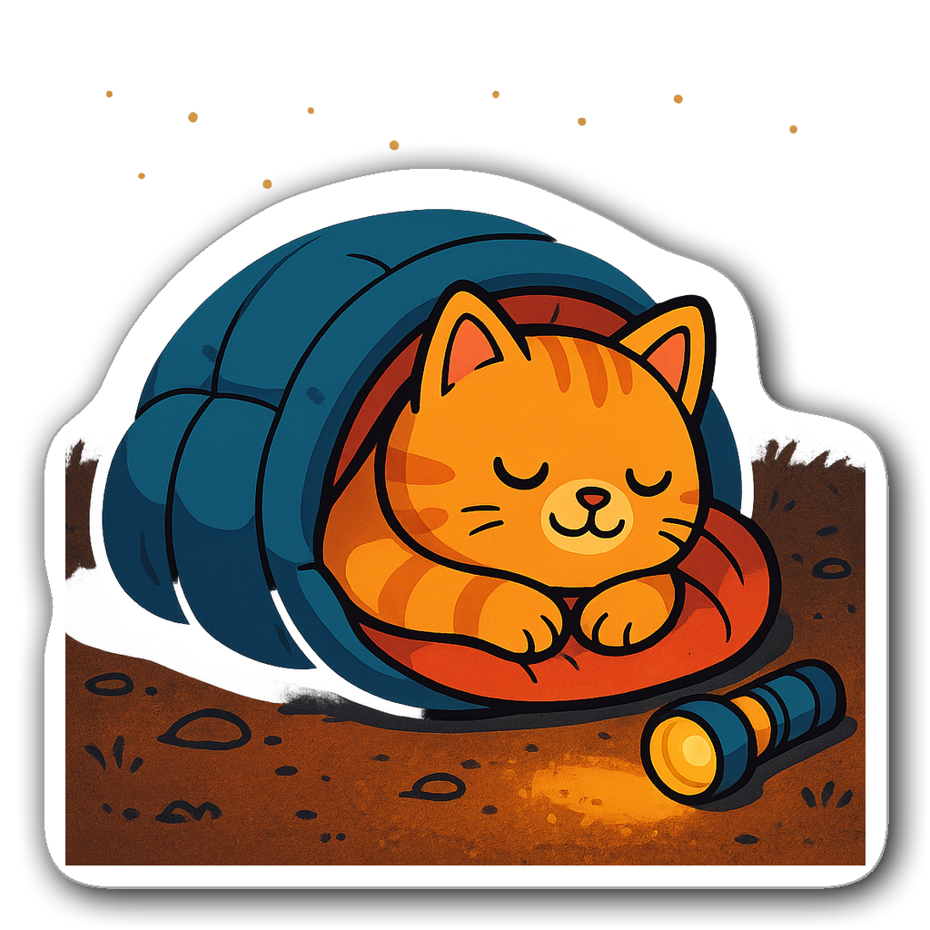 Cartoon cat curled up in a sleeping bag with a flashlight