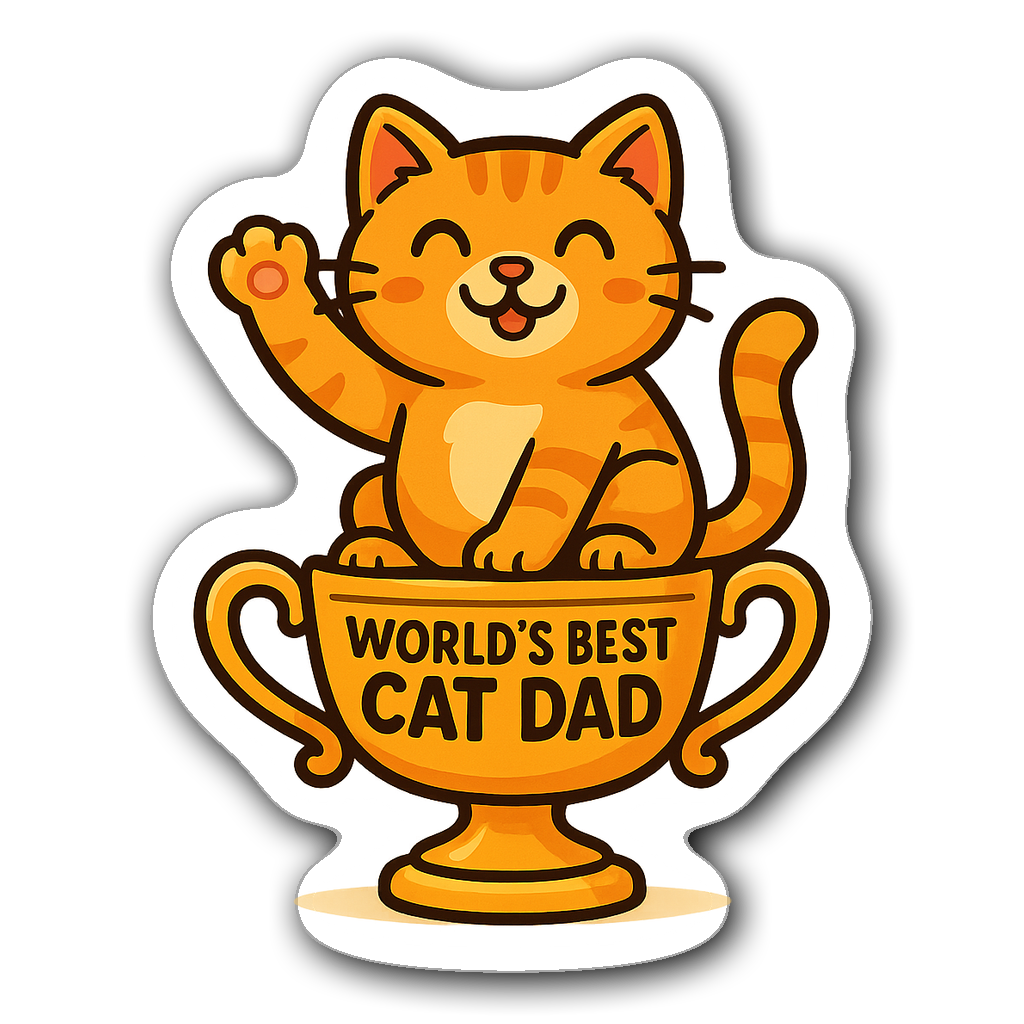 Cute cat holding a trophy that says World's Best Cat Dad