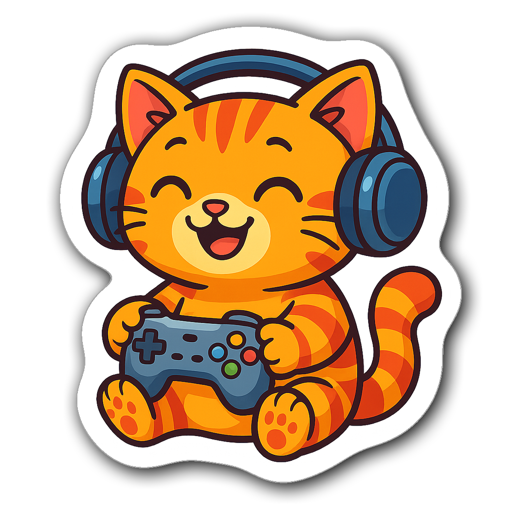 Cute cartoon gaming cat with headphones and game controller