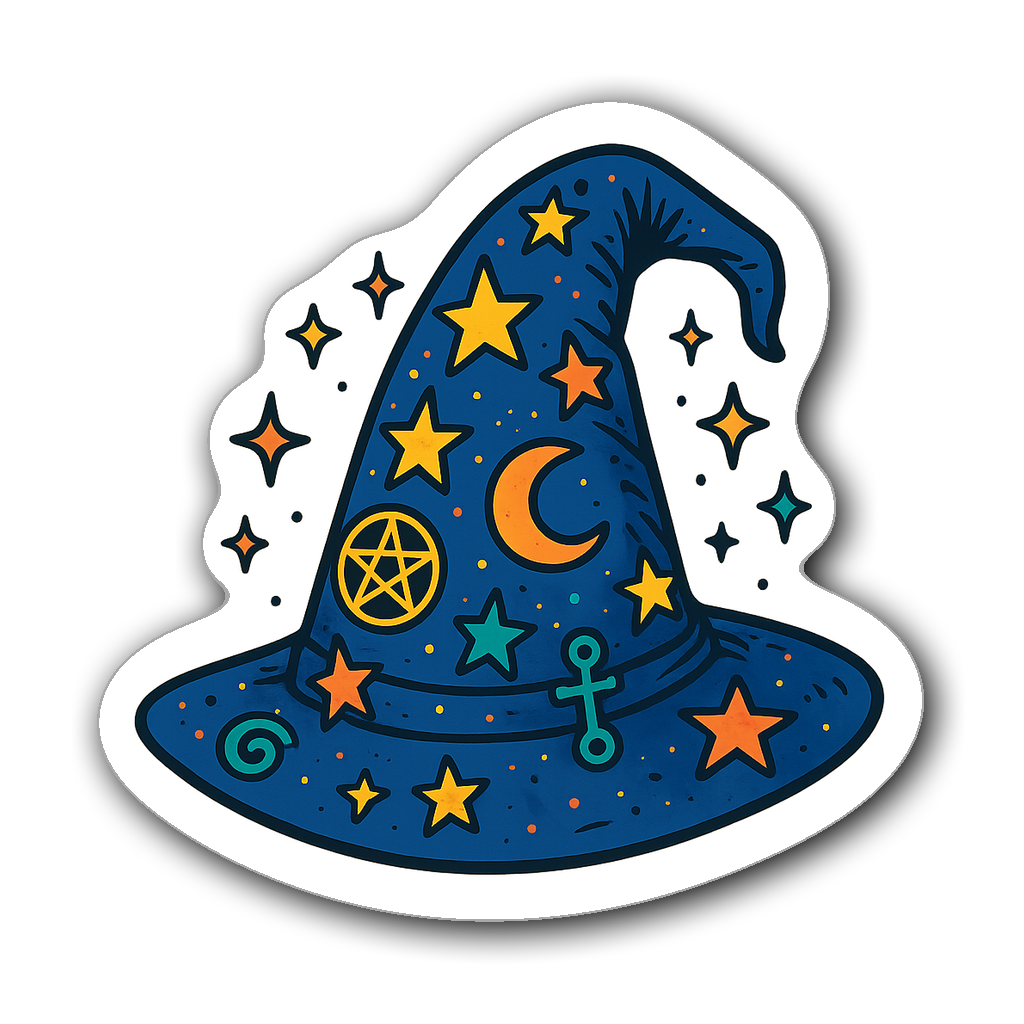 Intricately designed wizard hat sticker with magical symbols