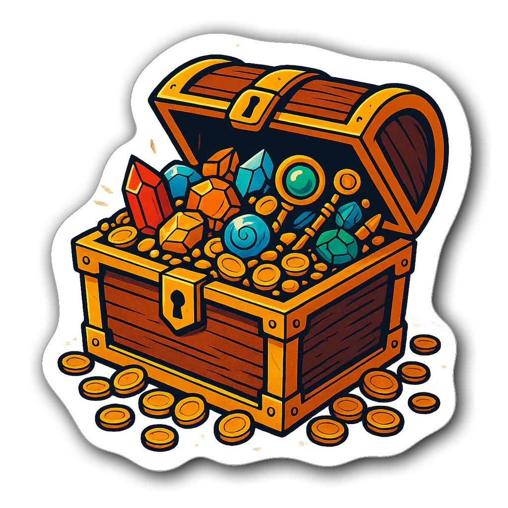 Retro-style DnD treasure chest bursting with colorful gems and coins