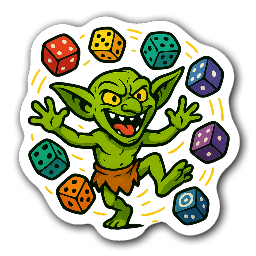 Playful dice goblin surrounded by colorful flying dice sticker
