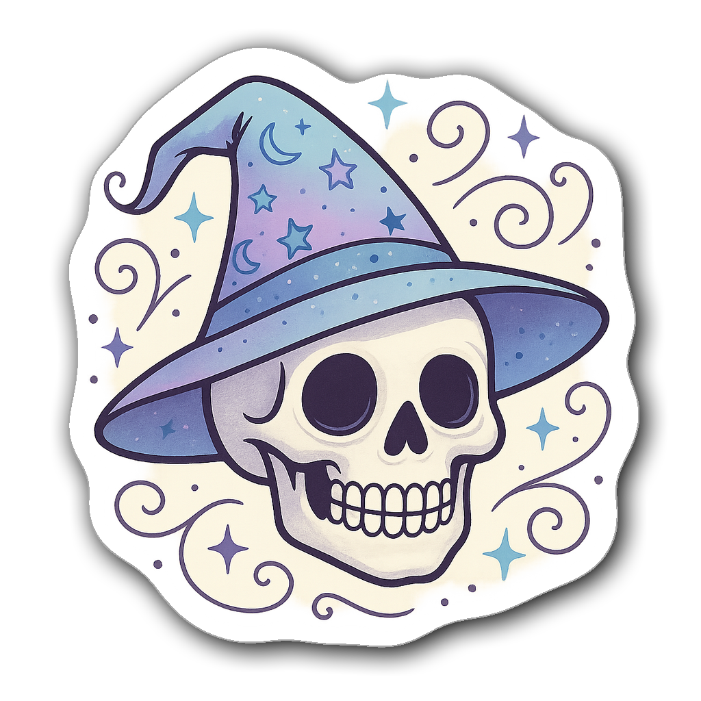 Pastel-colored skull wearing a witch's hat with stars and moons