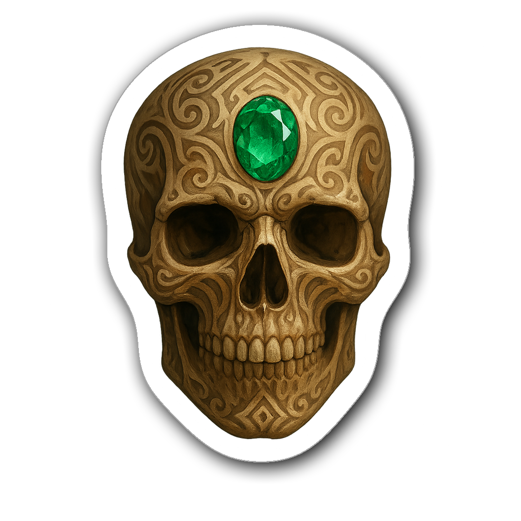 Watercolor illustration of an ornate skull with tribal patterns