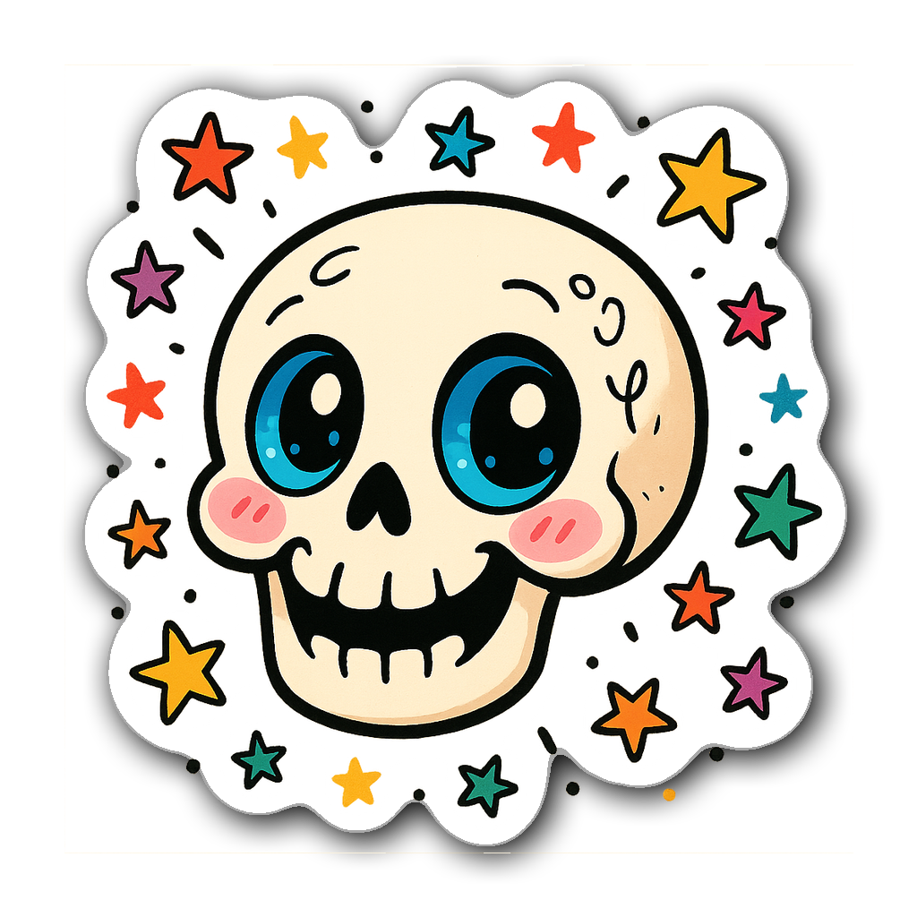 Cartoon-style skull with blue eyes and confetti stars