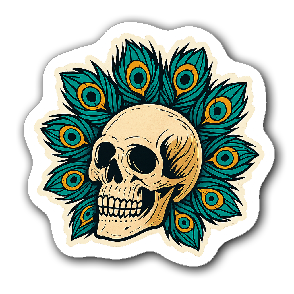 Elegant skull wrapped in peacock feathers in vibrant colors