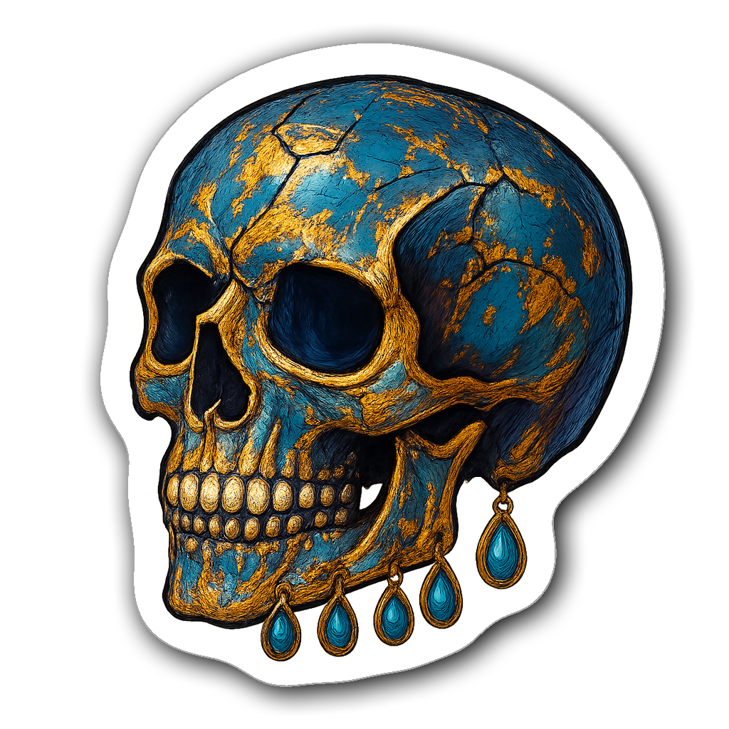 Elegant skull sticker with deep blue and gold colors adorned with gems